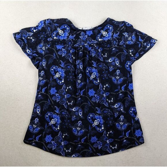 KIM ROGERS - WOMEN'S BLUE FLORAL PRINT SHORT SLEEVE STRETCH KNIT TOP - SIZE PM - Picture 6 of 7